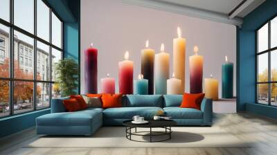 Set of various beautiful wax pillar candles in different colours isolated on transparent background Wall mural