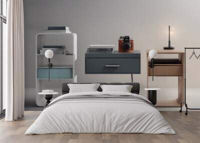 Set of various modern bedside tables in different colours isolated on transparent background Wall mural