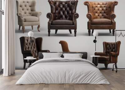 Set of various modern designer wooden chesterfield wing chairs isolated on transparent background Wall mural