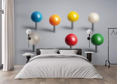 Set of various realistic push pins in different colours isolated on transparent background Wall mural