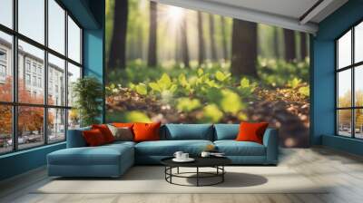 spring forest fresh leaves and sun rays Wall mural