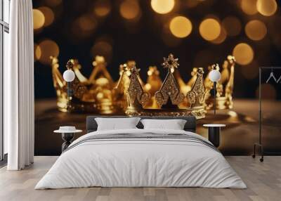 Three gold shiny crowns on festive background Three Kings day or Epiphany day holiday celebration ni Wall mural