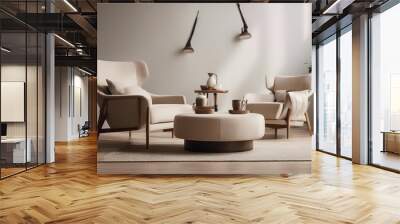 Two beige lounge chairs and round coffee table against wall with frames Japandi home interior design Wall mural