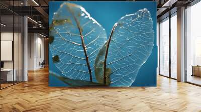 Two transparent skeleton leaves macro on wet surface on blue background in nature with beautiful lig Wall mural