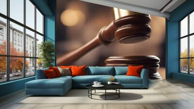 Vertical close-up of a wooden judge gavel on a reflective surface side view symbolizing judicial aut Wall mural