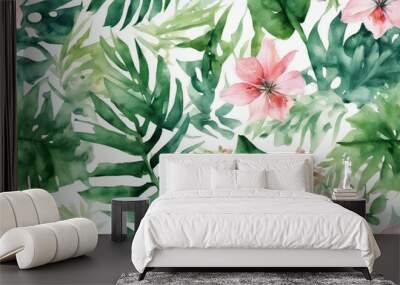 Watercolor of Tropical spring floral green leaves and flowers s isolated on transparent background b Wall mural