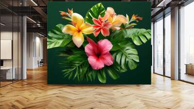 Watercolor of Tropical spring floral green leaves and flowers s isolated on transparent background b Wall mural