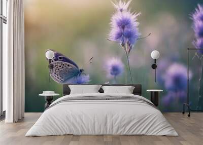 Wild blue and lilac flowering fluffy grass in field and two fluttering butterfly on nature outdoors Wall mural