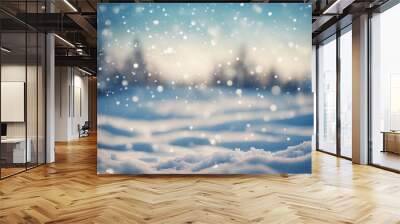 Winter snow background with snowdrifts with beautiful light and snow flakes on the blue sky beautifu Wall mural