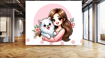 beautiful woman hugging a cute dog with a smile and cheerful expression Wall mural