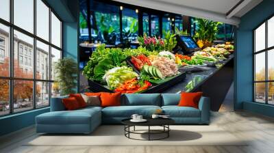 Fresh vegetable platter with vibrant greens, colorful peppers, and herbs on display in a modern dining setting. Wall mural