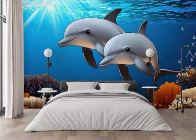 Two playful dolphins swim gracefully through a colorful coral reef, showcasing the beauty of marine life under the bright ocean light. Wall mural