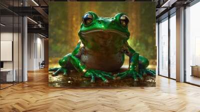 A close-up digital rendering of a vivid green tree frog looking directly at the camera Wall mural