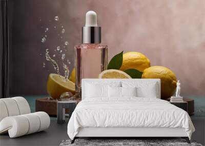 A cosmetic serum bottle surrounded by splashing water and fresh lemons, depicting beauty and skincare concepts Wall mural