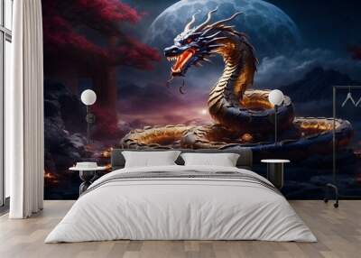 A giant Orochi serpent, its body writhing and twisting in the air. Japanese mythology. Japanese dragon/serpent. Wall mural