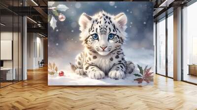 adorable, cute, funny, soft wild baby snow leopard in watercolor with big eyes	 Wall mural