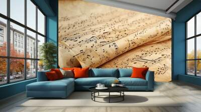 An old parchment of sheet music with notes for classical compositions evokes a sense of history and artistry Wall mural