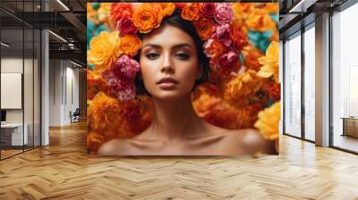 Beautiful girl with flowers. Stunning brunette girl with big bouquet flowers of roses. Closeup face of young beautiful woman with a healthy clean skin. Pretty woman with bright makeup Wall mural