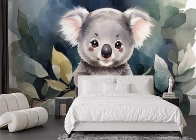 Chibi kawaii wild baby koala in watercolor with big eyes Wall mural