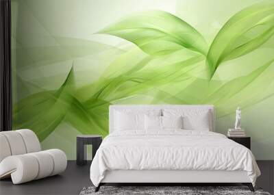 Futuristic digital art with abstract green leaves swirling in motion, creating a sense of calm and nature flow. Wall mural