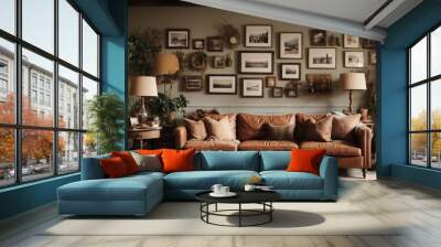 Living room, a gallery wall with a mix of artwork and personal photos Wall mural