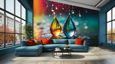 raindrop in slow motion camera settings, rainbow colors, a raindrop suspended in midair frozen in time Wall mural