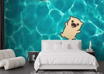 Two adorable cartoon animals floating in a clear blue swimming pool along with a bright yellow inflatable tube. Wall mural