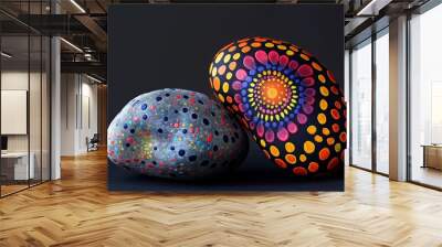 Two stones painted with intricate dot patterns and vibrant colors on a dark background, showcasing artistic techniques. Wall mural