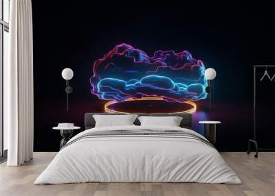 abstract cloud illuminated with neon light ring on dark night sky created with Generative AI technology Wall mural