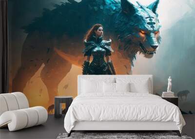 female warrior standing next to huge wolf what's next created with Generative AI technology Wall mural