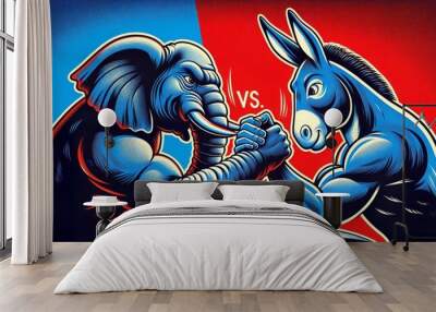 Republican Elephant vs. Democratic Donkey Arm Wrestling Match, representing political rivalry. Red and Blue Background Wall mural