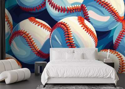 Baseball balls on green background. Many white baseball balls. Sport background. Vector illustration. Wall mural