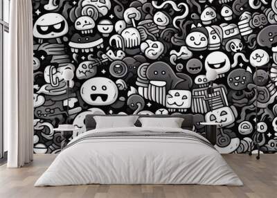 Monsters doodle seamless pattern background, black and white. Wall mural