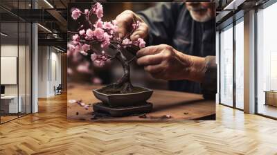 Senior asian man taking care of pink bonsai plant, Closeup hands, Hobbies of the elderly Wall mural