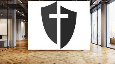 Christian cross and shield of faith. Christian church vector logo. Missionary icon. Religious symbol. Protection, safety, security sign. Wall mural