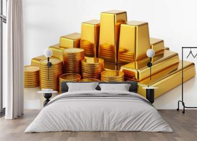 Gold bars and coins are stacked forming a growing chart on white background Wall mural