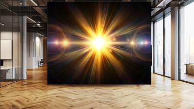 Light beams are radiating from a bright center with lens flare on a black background Wall mural