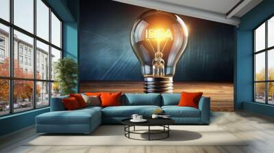 Light bulb shining with the text idea inside, representing the moment of inspiration Wall mural