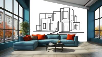 One continuous drawing line Fashionable minimalistic country house, modern architecture. Abstract logo. Single hand drawn art line doodle outline isolated minimal illustration cartoon character flat Wall mural