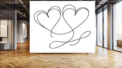 One Continuous line drawing of two hearts with love signs. Thin curls and romantic symbols in simple linear style. Wall mural