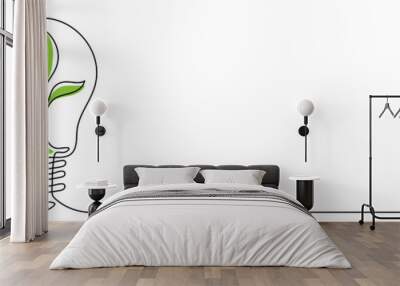 Plant inside Lightbulb with power plug in one line drawing. Creative concept of Eco energy and environmental friendly sources. Vector illustration Wall mural