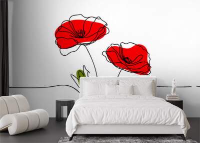 poppy flowers in continuous line art drawing style. doodle floral border with two flowers blooming a Wall mural