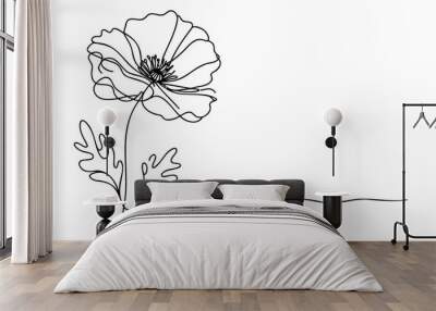 poppy flowers in continuous line art drawing style. doodle floral border with two flowers blooming a Wall mural