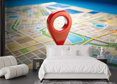 Red location pin is standing on a city map, indicating a specific point of interest Wall mural