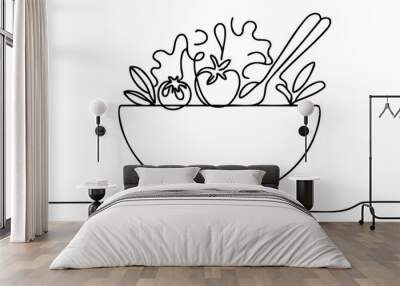 Single continuous line drawing of stylized vegetables salad on bowl logo label. Wall mural