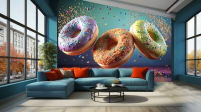 Three delicious donuts with colorful sprinkles flying on colorful background Wall mural