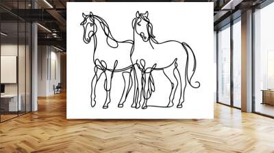 Two horses one continuous line art drawing. Vector illustration isolated. Minimalist design hand drawn Wall mural