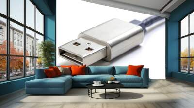 Usb cable lying on white surface with contacts facing up Wall mural