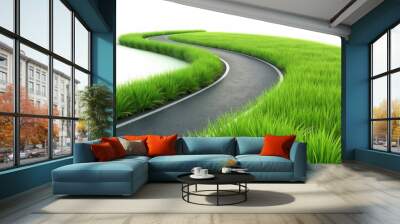 Winding road is surrounded by vibrant green grass, symbolizing new beginnings and a hopeful future Wall mural