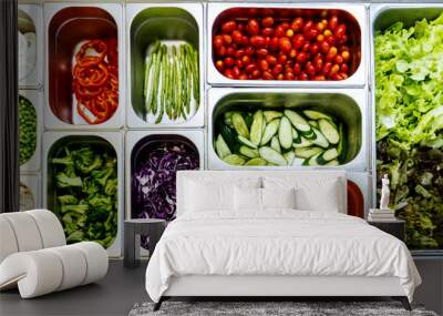 Top view of salad bar with assortment of ingredients for healthy and diet meal. Wall mural